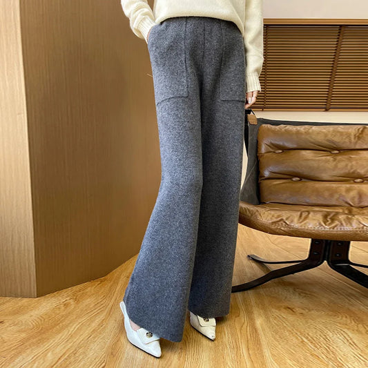 DjzDsm Women's Autumn Spring Knitted Floor-Length Wide Leg Pants 100% Merino Wool Long Trousers