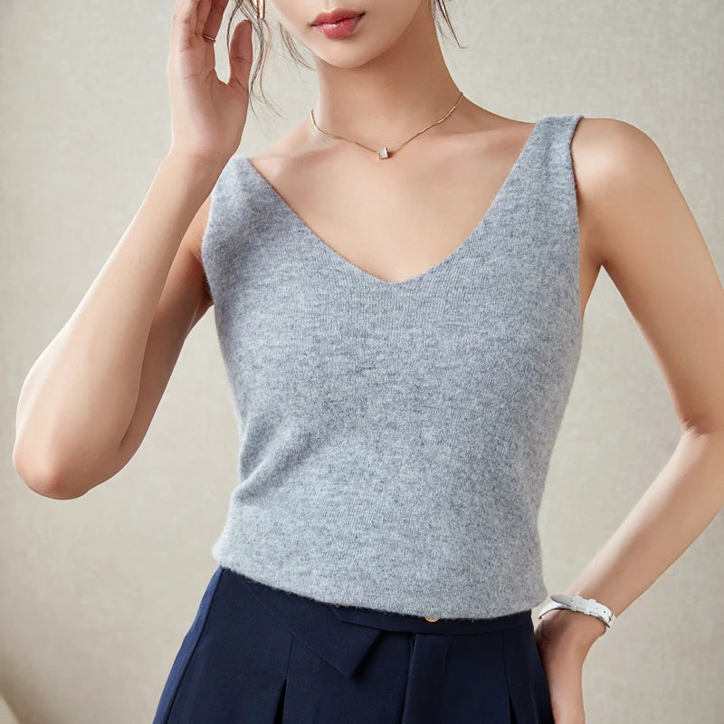 Women's Spring and Autumn 2026 New 100% Merino Wool V-Neck Pullover Knitted Suspender Casual Soft Inner Vest Women's Clothing