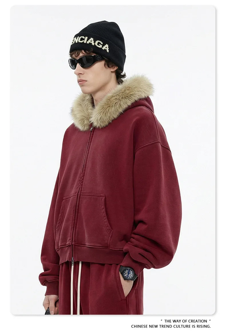 Custom LOGO Men's 400G Autumn Winter Retro Washed Boxy Fleece Collar Plush Thickened  Hooded  Zipper Jacket Couple style set