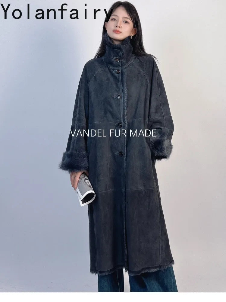 YOLANFAIRY Real Goatskin Leather Fur Coats for Women Winter High-end Natural Fur Coat Lazy Style Long Leather Jacket Luxury Wear