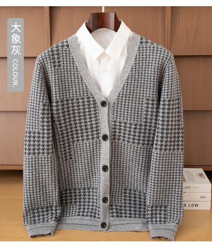 Men's V-Neck Cardigan Business Casual Jacquard Thickened Jacket 100% Merino Wool Knit Coat Autumn Winter Warmth Men's Clothing