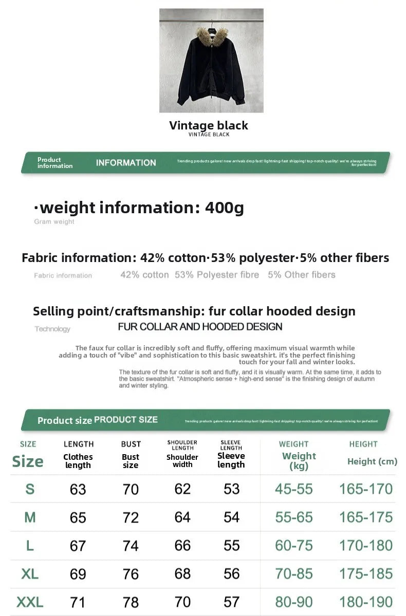 Custom LOGO Men's 400G Autumn Winter Retro Washed Boxy Fleece Collar Plush Thickened  Hooded  Zipper Jacket Couple style set