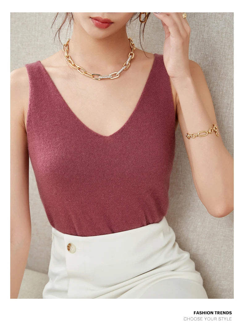 Women's Spring and Autumn 2026 New 100% Merino Wool V-Neck Pullover Knitted Suspender Casual Soft Inner Vest Women's Clothing