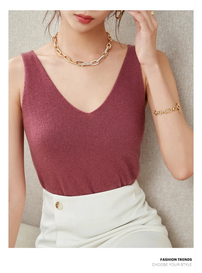 Women's Spring and Autumn 2026 New 100% Merino Wool V-Neck Pullover Knitted Suspender Casual Soft Inner Vest Women's Clothing