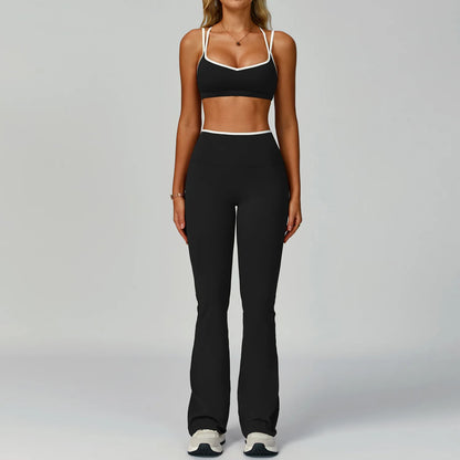2PCS Workout Clothes Wide Leg Pant Yoga Suits Solid Color Bra Sports Set Gym Tracksuits Female Quick Dry Fitness Suit Sports Set