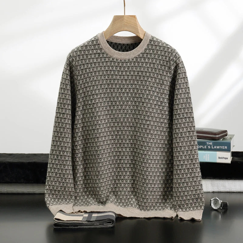 Men's Jacquard Striped 100% Pure Cashmere Pullover Sweater Autumn and Winter Thick base Sweater Casual Warm Clothing Men's Tops