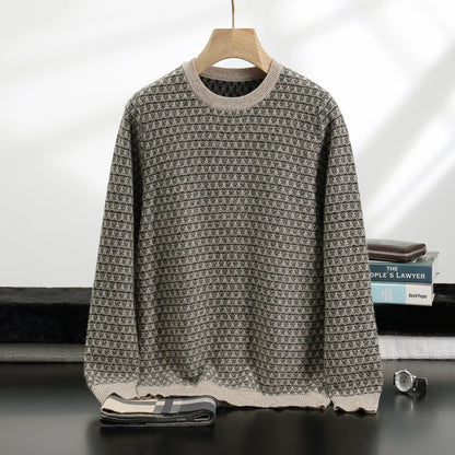 Men's Jacquard Striped 100% Pure Cashmere Pullover Sweater Autumn and Winter Thick base Sweater Casual Warm Clothing Men's Tops