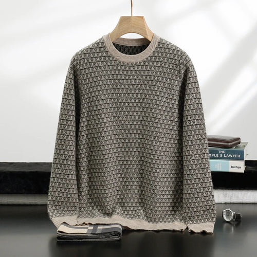 Men's Jacquard Striped 100% Pure Cashmere Pullover Sweater Autumn and Winter Thick base Sweater Casual Warm Clothing Men's Tops
