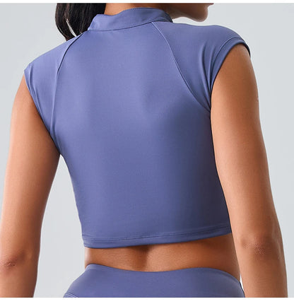 Zipper Sports Crop Top Women Short Sleeve Yoga Top Shirts Light Weight Gym Push Up Top Sports Shirt Running Workout Crop Tops