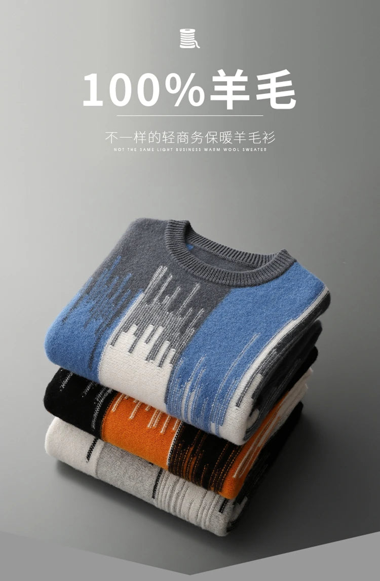 Men's 100% Merino Wool Color-Blocked O-Neck Sweater Long Sleeves Fashion Pullover Cashmere Loose Soft Warm Leisure Clothing Top
