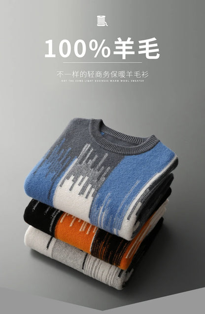 Men's 100% Merino Wool Color-Blocked O-Neck Sweater Long Sleeves Fashion Pullover Cashmere Loose Soft Warm Leisure Clothing Top