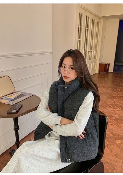 Short Down cotton Vest Women's 2025 Korean Fashion New Stand-up Sleeveless Zipper Student Vest Jacket Black Gray Waistcoat Tide