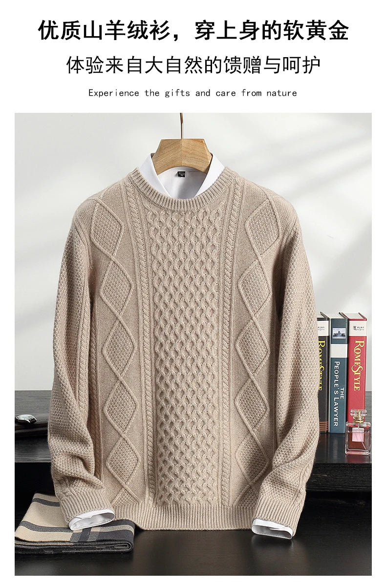 Men's 100% Cashmere Sweater Round Neck Autumn Winter Warm Clothing Jacquard Checkered Pullover Sweater Knitted Bottom Shirt Tops