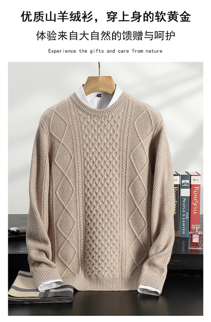 Men's 100% Cashmere Sweater Round Neck Autumn Winter Warm Clothing Jacquard Checkered Pullover Sweater Knitted Bottom Shirt Tops