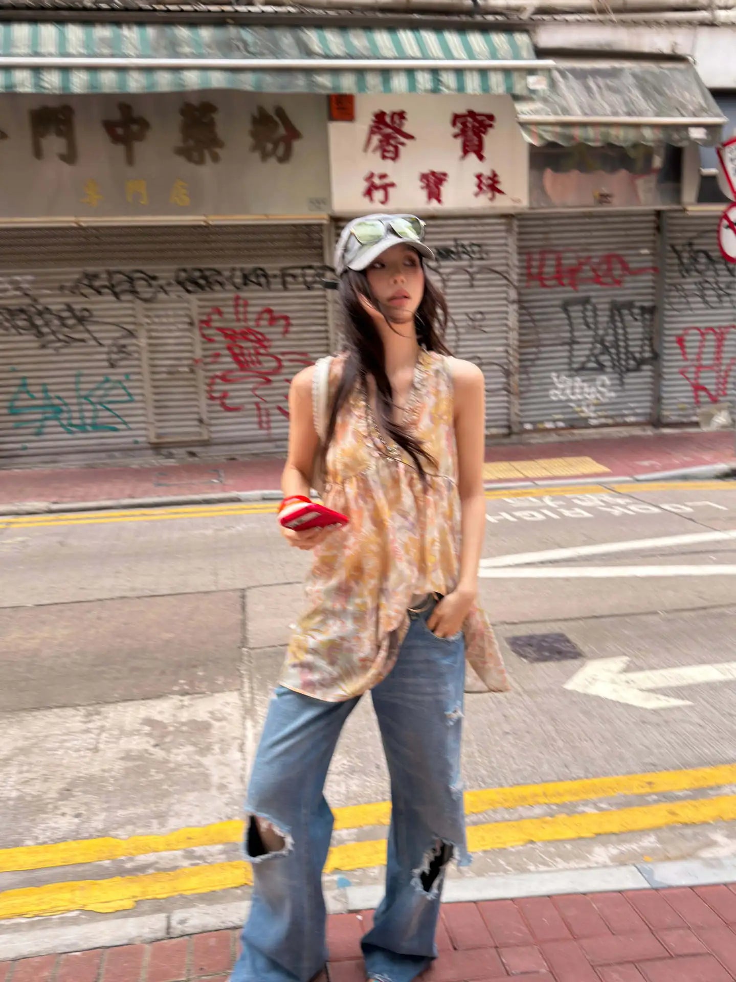 DEAT Fashion Distressed Ripped Wide Leg Jeans Women's Low Waist Frayed Hem Blue Denim Pants Summer New 7A4508