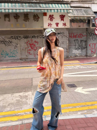 DEAT Fashion Distressed Ripped Wide Leg Jeans Women's Low Waist Frayed Hem Blue Denim Pants Summer New 7A4508