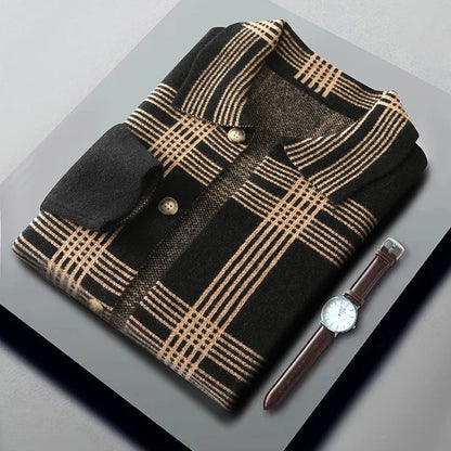 100% Merino Wool Men's Lapel Collar Knit Cardigan Coat 2025 Spring/ Autumn New POLO Neck Grid Suit Shirt Cashmere Jacket Sweater