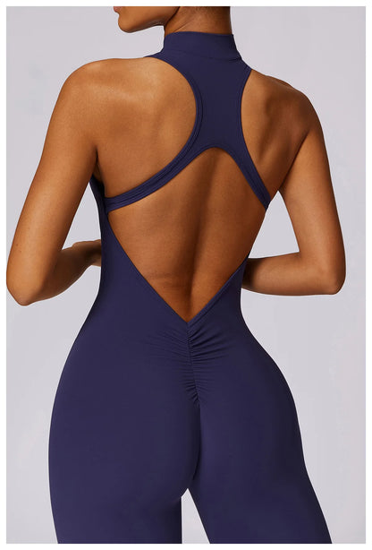 Summer V Back One-piece Suit Women Sports Jumpsuit Zippers Yoga Rompers Backless Sportswear Women Sleeveles Workout Bodysuits