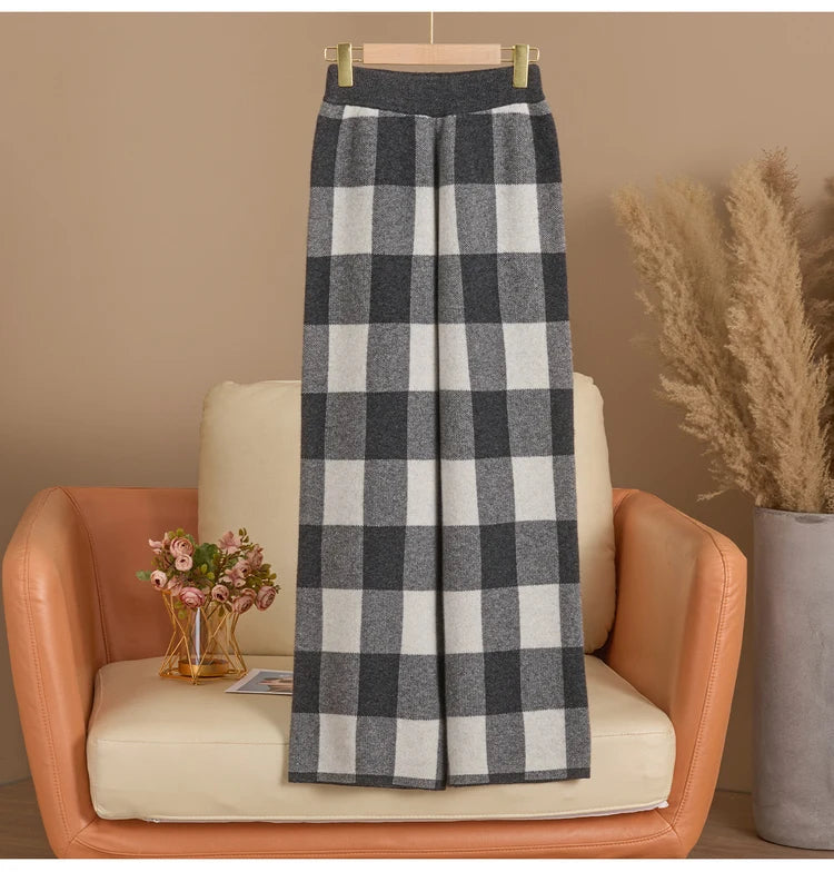 DjzDsm Autumn and Winter New Women's 100% Merino Wool Thickened High Waist Knitted Wide Leg Pants Four Flat Casual Plaid Pants