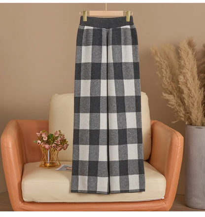 DjzDsm Autumn and Winter New Women's 100% Merino Wool Thickened High Waist Knitted Wide Leg Pants Four Flat Casual Plaid Pants