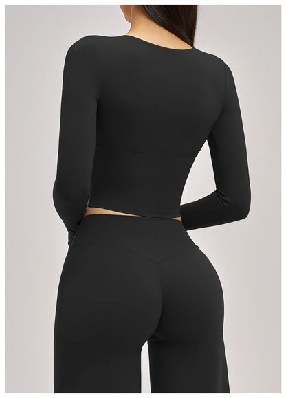 Deep-V Yoga Long Sleeve Solid Sports T-shirts Women's Gym Workout Shirts Sexy Quick Dry Fitness Long Sleeve Female Yoga Shirts
