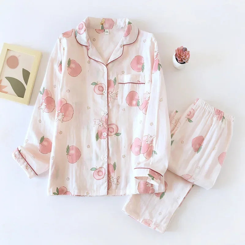 Spring/Summer 2026 New Women's 100% Cotton Gauze Thin Long Sleeve Pants Two Piece Cardigan Homewear Set Sleepwear Pijama