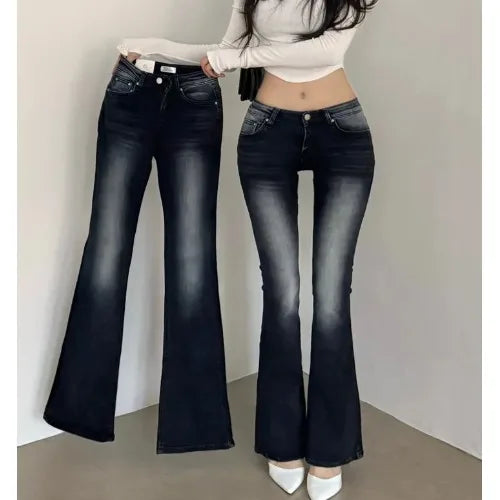 Low Waist Stretchy Slimming Long Legging Effect Bell Bottoms Korean Style Sexy Girl Jeans High Waist Slim Fit Faded Denim