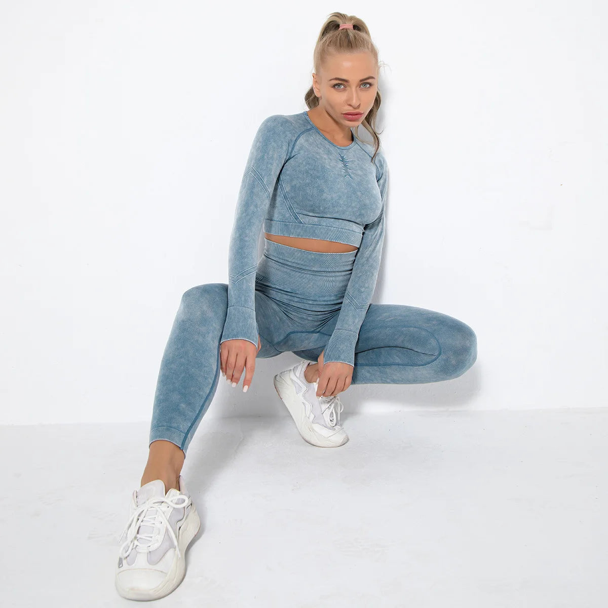 Women Seamless Tracksuit Yoga Set 2PCS Workout Clothes Athletic Wear Gym Legging Fitness Bra Crop Top Long Sleeve Sports Suits