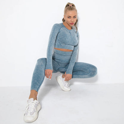 Women Seamless Tracksuit Yoga Set 2PCS Workout Clothes Athletic Wear Gym Legging Fitness Bra Crop Top Long Sleeve Sports Suits
