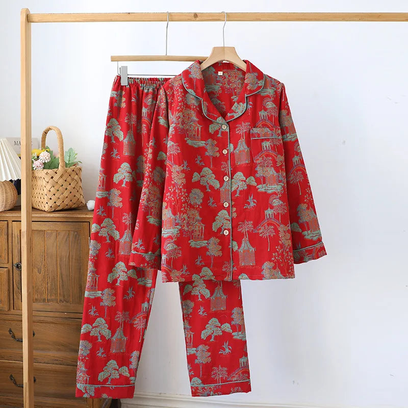 2026 new spring and summer women's pajamas suit long-sleeved trousers two-piece 100% cotton crepe flower leaves home clothes