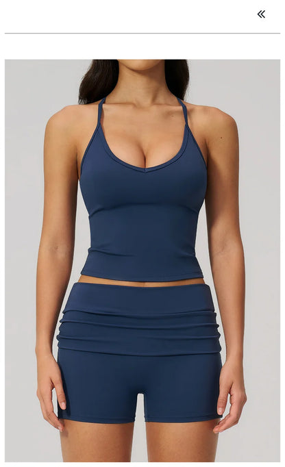TRY TO BN Two Pieces Women's Tracksuit Vest Sling Top Set Fold-over Waist Yoga Shorts Hip Lifting Running Fitness Gym Activewear