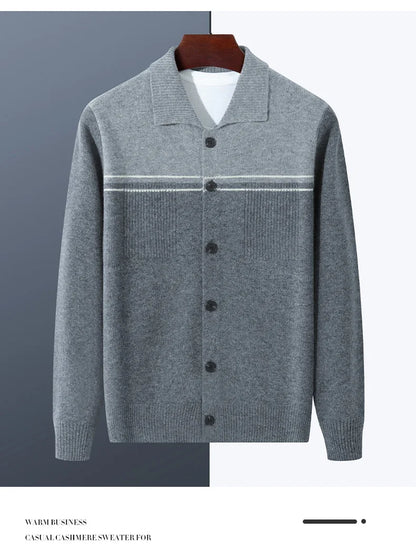 100% Merino Wool Men's Lapel Collar Knit Cardigan Coat 2025 Spring/ Autumn New POLO Neck Business Casual Cashmere Jacket Sweater