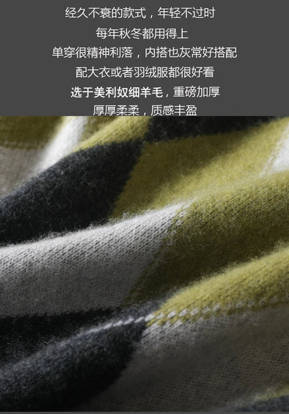Autumn Winter New Men's Cashmere Sweater Thickened Round Neck Pullover With Contrast Color Loose Casual Knitted100% Wool Sweater