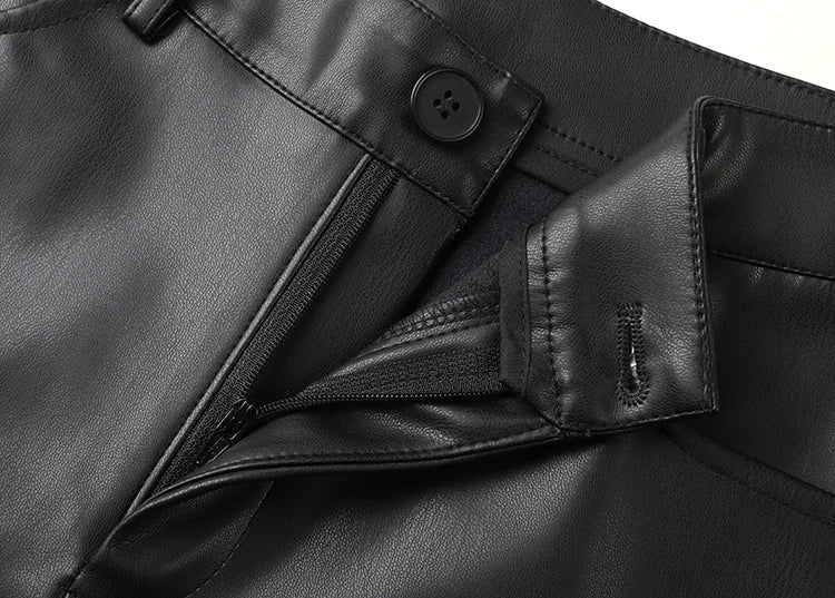 BIVIGAOS Fall Winter Fleece Loose Wide Leg Warm Leather Pants Women Button Pocket High Waist Thick PU Casual Straight Pants