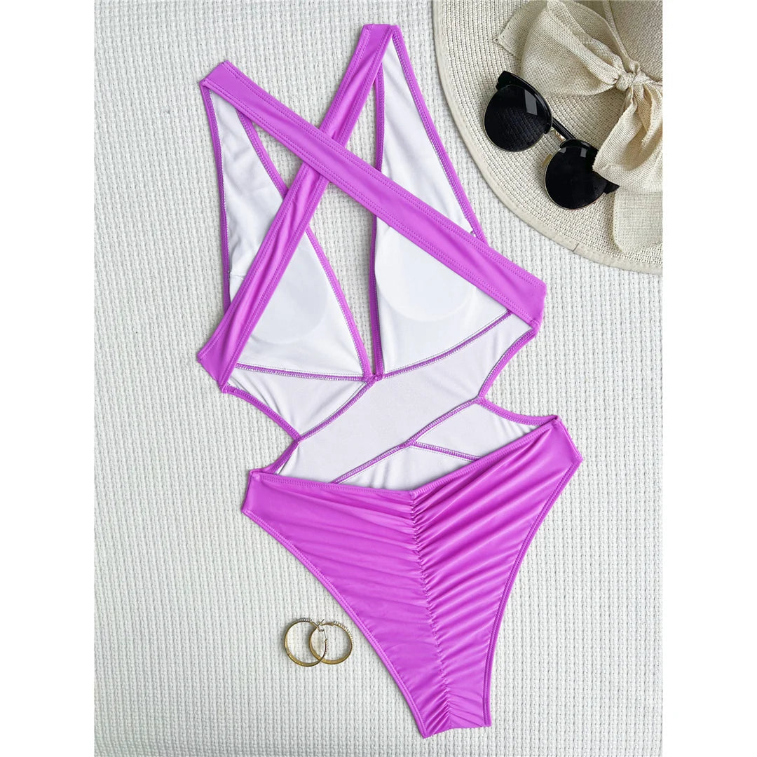 S - XL Deep V Neck Cross Back One Piece Swimsuit Women Swimwear Female High Leg Cut Scrunch Butt Bather Bathing Suit Swim V5723