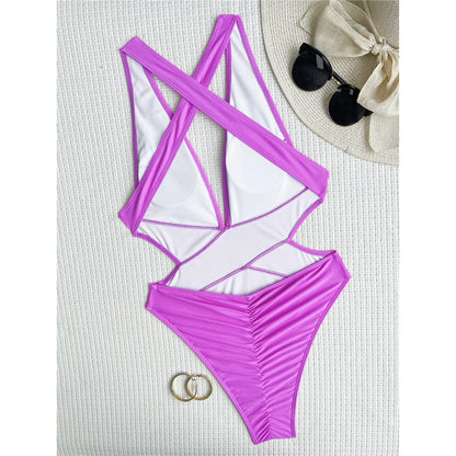 S - XL Deep V Neck Cross Back One Piece Swimsuit Women Swimwear Female High Leg Cut Scrunch Butt Bather Bathing Suit Swim V5723