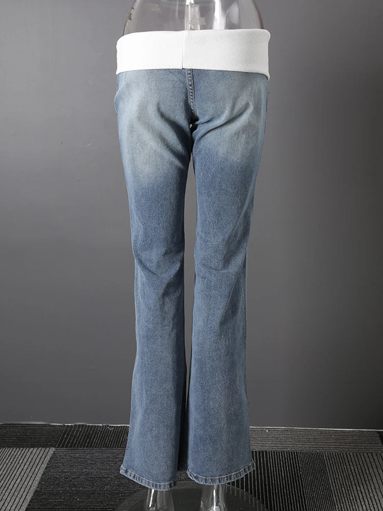 DEAT Fashion Fold Over Waist Flare Jeans Women's Low Waist Slim Light Blue Denim Pants Summer New