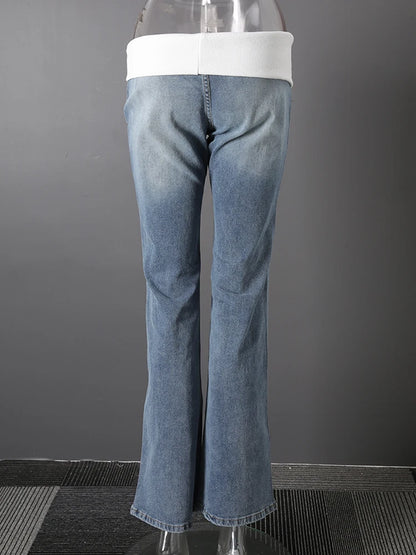 DEAT Fashion Fold Over Waist Flare Jeans Women's Low Waist Slim Light Blue Denim Pants Summer New