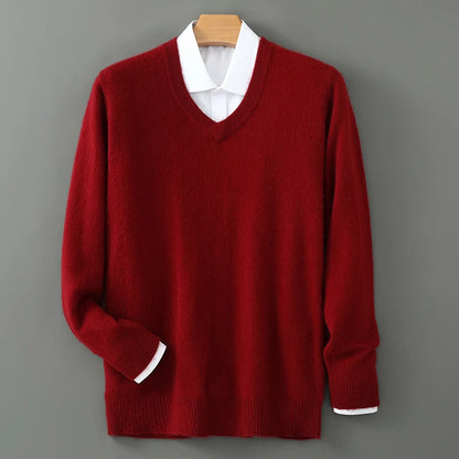 100% Pure Mink Cashmere Sweater Men's V-Neck Pullovers Knit Large Size Mink Sweater Winter New Long Sleeve High-End Jumpers Tops