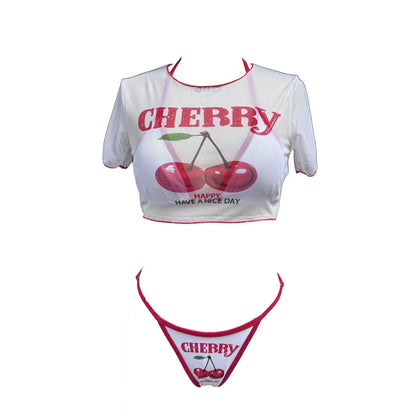XS - L Cherry Printed Short Sleeve Bikini Female Swimsuit Women Swimwear Three-pieces Bikini set Bather Bathing Suit Swim V6854