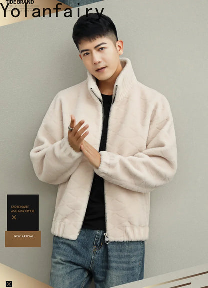 YOLANFAIRY Winter 100% Sheep Shearing Jacket Man Clothing Fashion Stand Collar Granular Lamb Fur Coat Men's Jackets chaqueta