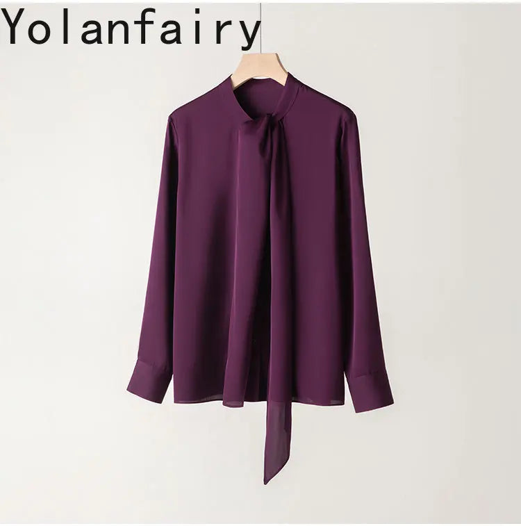 YOLANFAIRY 93% Real Mulberry Silk Shirts for Women Spring 2026 Elegant Solid Long Sleeve Shirt Woman Top Ribbon OL Blouses Trend