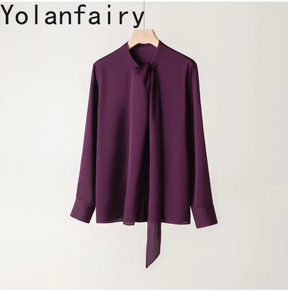 YOLANFAIRY 93% Real Mulberry Silk Shirts for Women Spring 2026 Elegant Solid Long Sleeve Shirt Woman Top Ribbon OL Blouses Trend