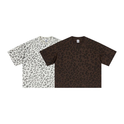 Custom LOGO men's new summer 240G cotton polyester American retro BOXY leopard print short-sleeved T-shirt casual loose top