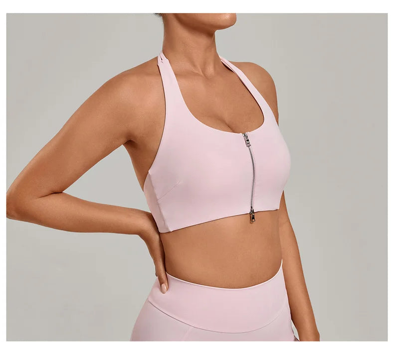TRY TO BN Yoga Sports Bra Women's Zipper Halter Neck Naked Feeling Backless Underwear Fitness Tops Workout Running Gym Clothing