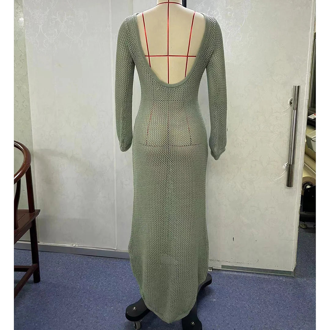 Sexy Long Sleeve Hollow Out Crochet Knitted Tunic Beach Cover Up Cover-ups Beach Dress Beach Wear Beachwear Female Women V5319