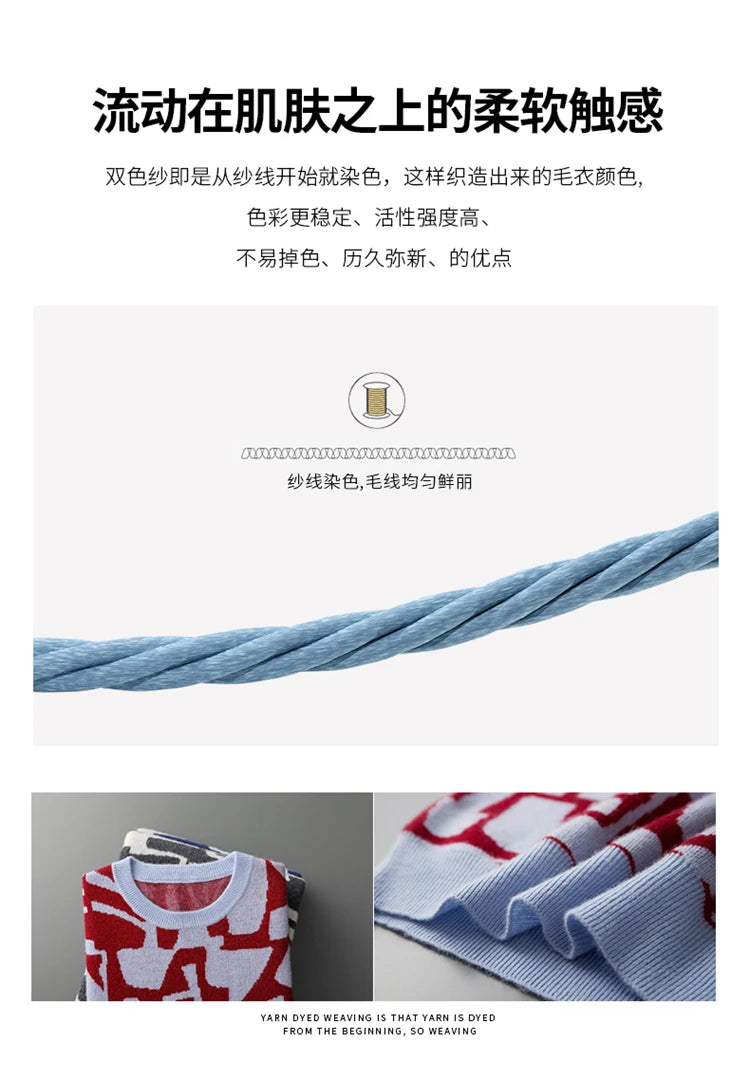 New Men's Sweater 100% Cashmere Autumn Winter Fashion Knitted Jacquard Pullover Color blocked O-Neck Thickened Men's Wear Top