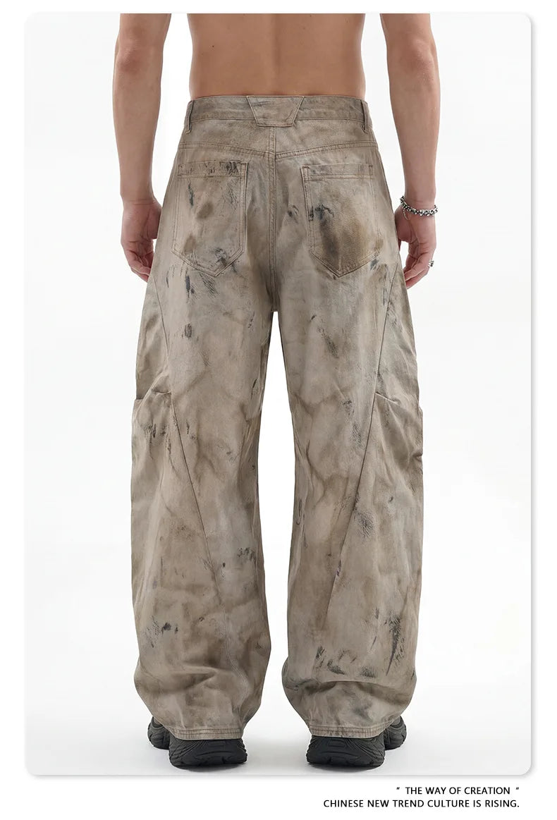 Custom LOGO men's 270G pure cotton high street retro casual pants scimitar denim texture mud yellow old loose wide-leg pants
