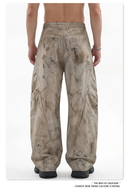 Custom LOGO men's 270G pure cotton high street retro casual pants scimitar denim texture mud yellow old loose wide-leg pants