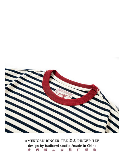 Summer new pure cotton T-shirt men's American retro contrasting shirt versatile couple short sleeved T-shirt striped base shirt